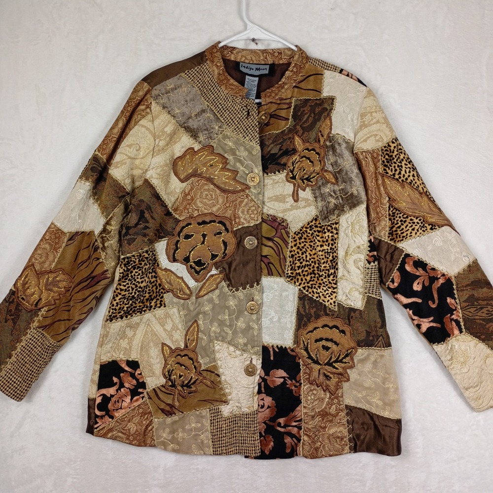 Indigo Moon Patchwork Jacket Womens Large Brown Animal Print Boho Gorpcore 90s